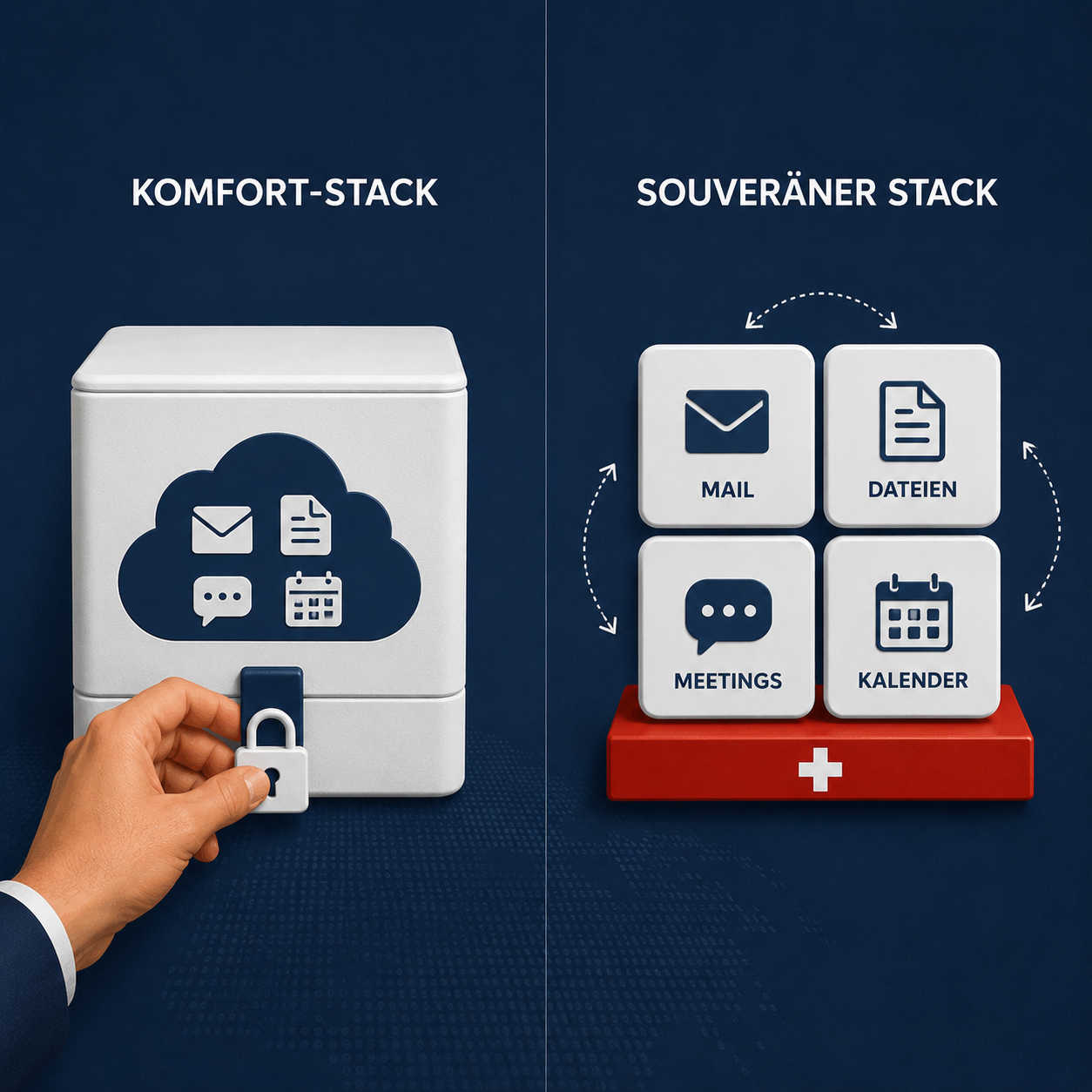 Cloud Migration auf 100 % Schweizer Server. Keine Datenweitergabe. Keine Kompromisse. Sichere Zusammenarbeit aus der Schweizer Cloud: souveräner Arbeits-Stack statt Komfort-Stack ohne Lock-in