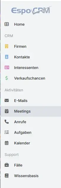EspoCRM Hauptmenü mit Firmen, Kontakten, Interessenten, Verkaufschancen, E-Mails, Meetings, Anrufen, Aufgaben und Kalender